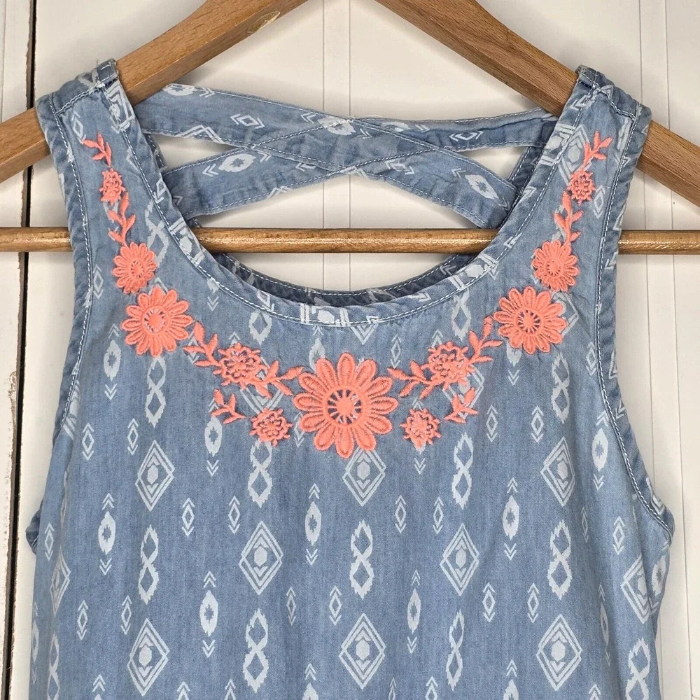 Justice Sleeveless Dress‎ Kids 12 Blue Geometric Boho Floral Embroidered Core